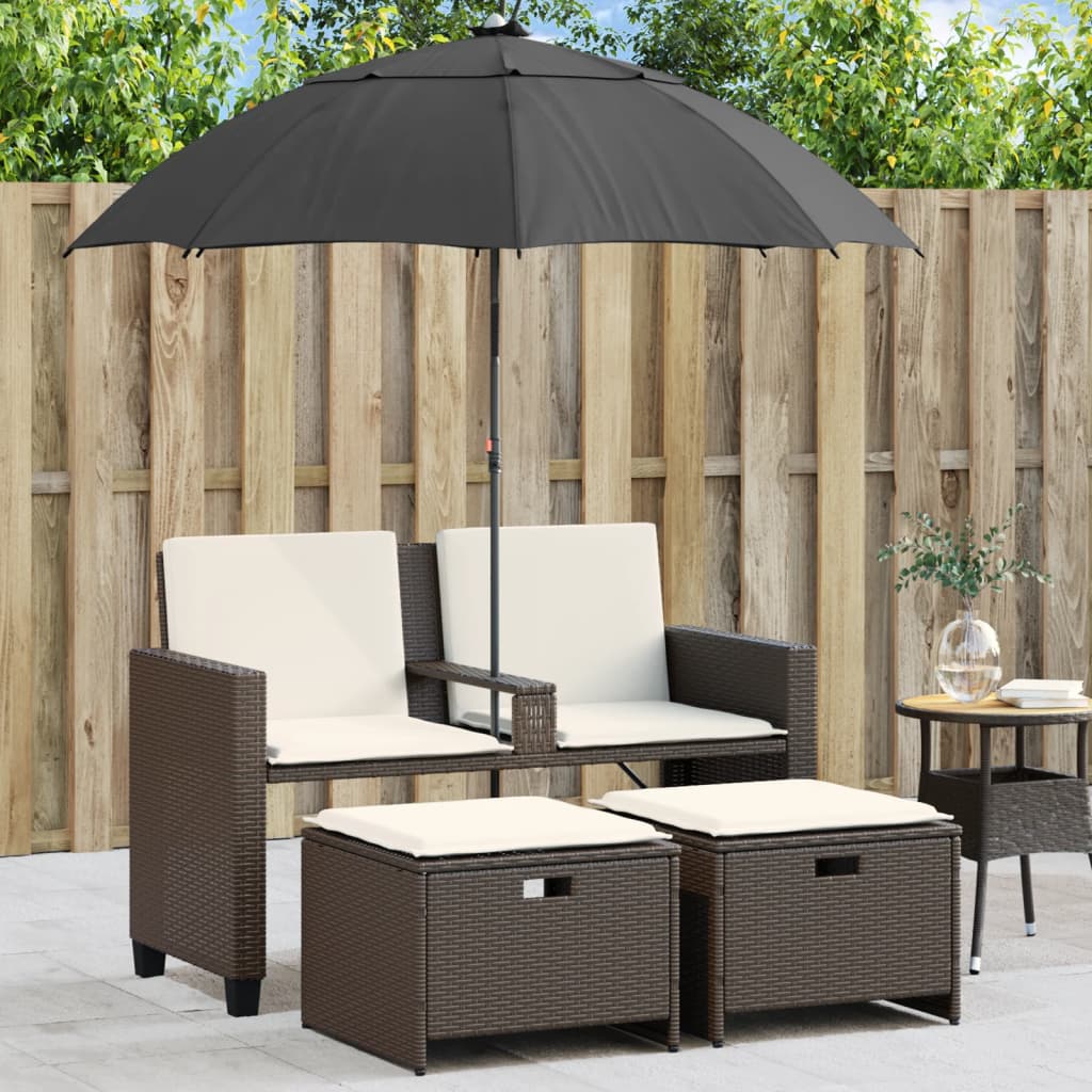 vidaXL Divano Giardino 2Posti Ombrellone e Sgabelli Marrone Polyrattan