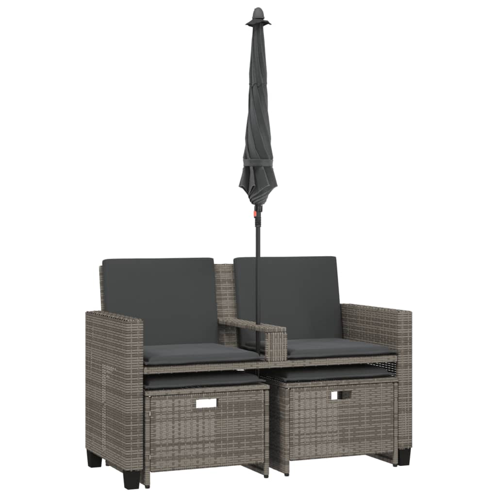 vidaXL Divano Giardino 2Posti Ombrellone e Sgabelli Grigio Polyrattan