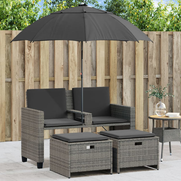 vidaXL Divano Giardino 2Posti Ombrellone e Sgabelli Grigio Polyrattan