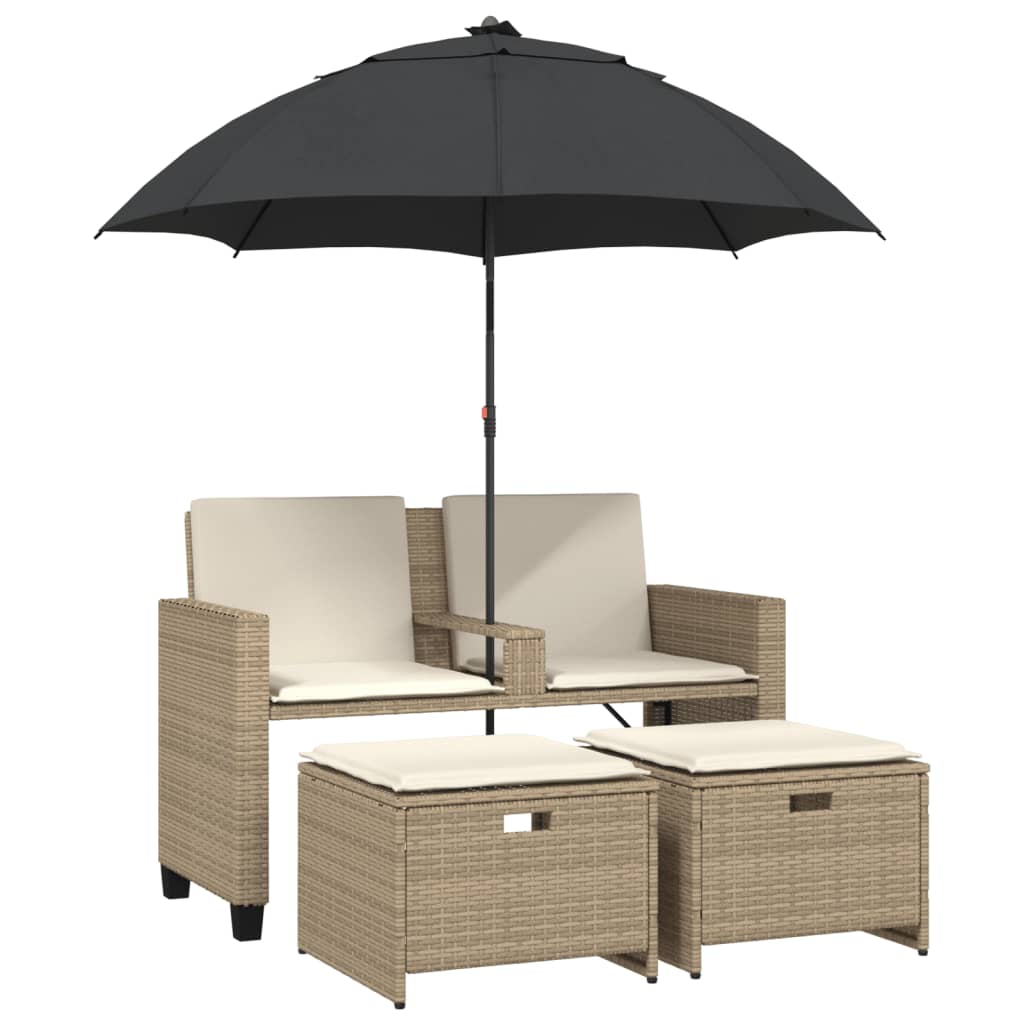vidaXL Divano Giardino 2Posti Ombrellone e Sgabelli Beige Polyrattan