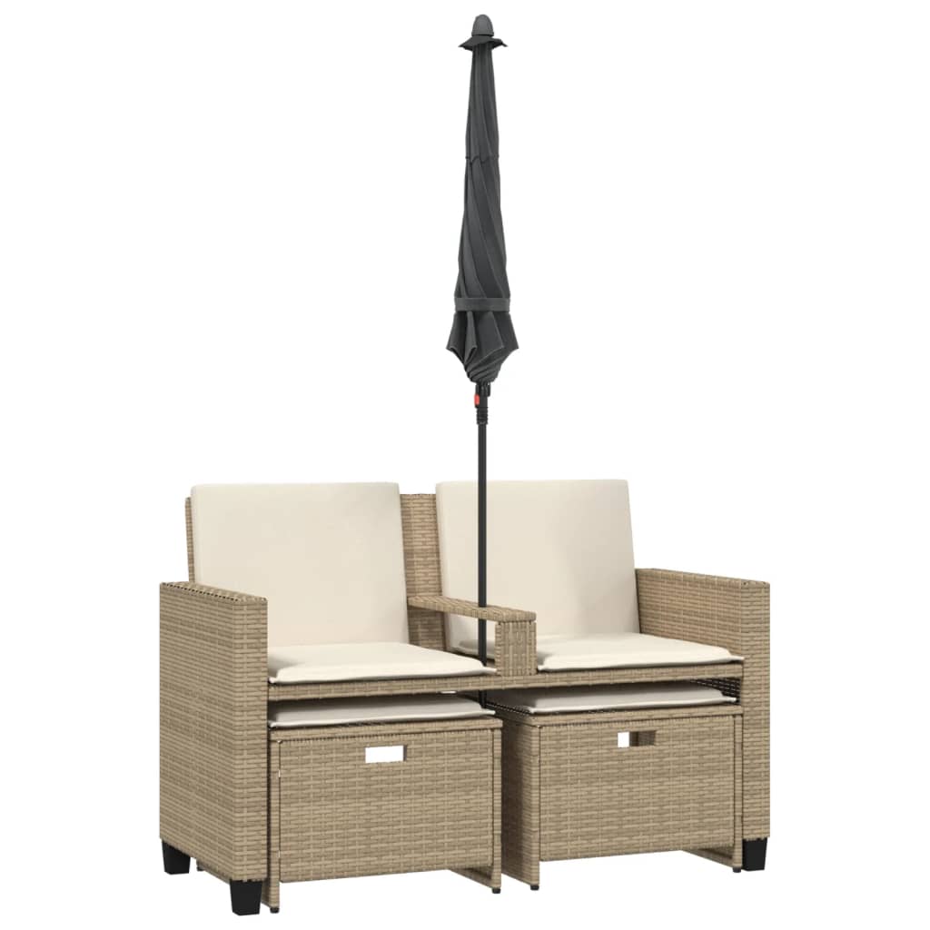 vidaXL Divano Giardino 2Posti Ombrellone e Sgabelli Beige Polyrattan