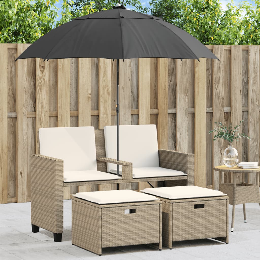 vidaXL Divano Giardino 2Posti Ombrellone e Sgabelli Beige Polyrattan
