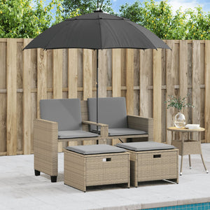 vidaXL Divano Giardino 2Posti Ombrellone e Sgabelli Beige Polyrattan