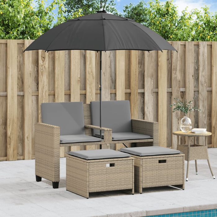 vidaXL Divano Giardino 2Posti Ombrellone e Sgabelli Beige Polyrattan