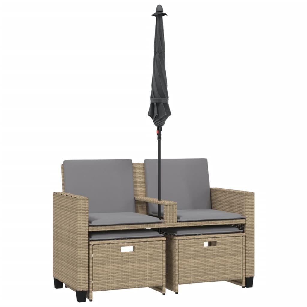vidaXL Divano Giardino 2Posti Ombrellone e Sgabelli Beige Polyrattan