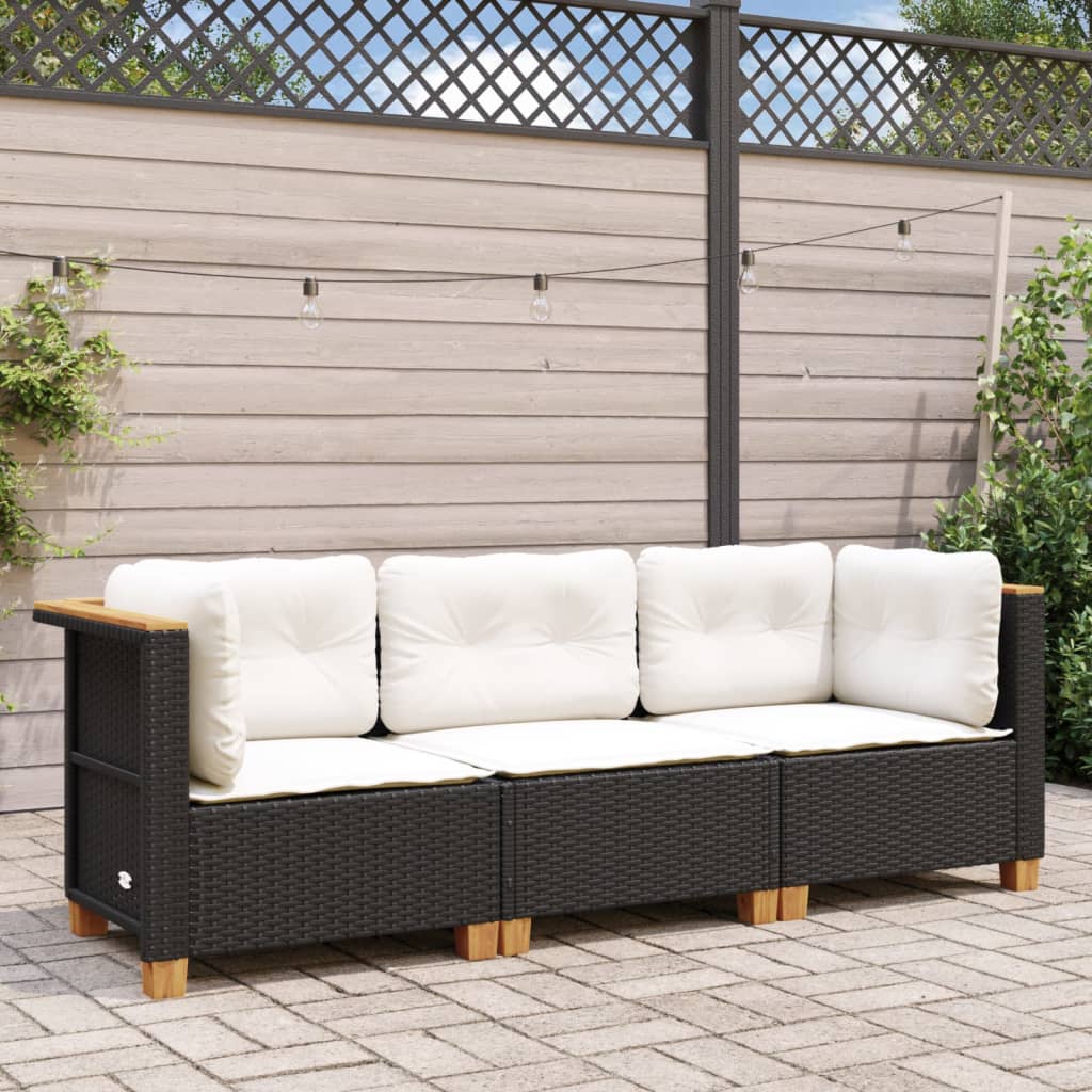 Divano da Giardino a 3 Posti con Cuscini Nero in Polyrattan 365917