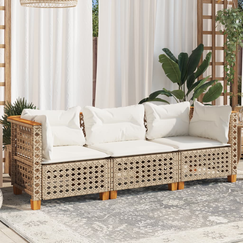Divano da Giardino con Cuscini a 3 Posti Beige in Polyrattan
