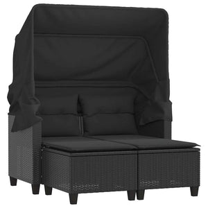 Divano Giardino 2 Posti-Sofa da Giardino-Divanetto da esterno Baldacchino e Sgabelli Nero Polyrattan 578051