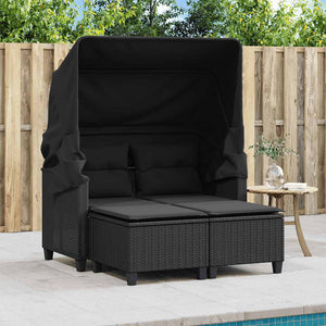 Divano Giardino 2 Posti-Sofa da Giardino-Divanetto da esterno Baldacchino e Sgabelli Nero Polyrattan 578051