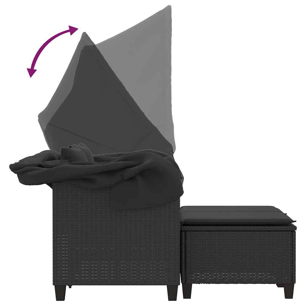 Divano Giardino 2 Posti-Sofa da Giardino-Divanetto da esterno Baldacchino e Sgabelli Nero Polyrattan 578051