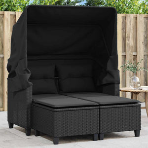 Divano Giardino 2 Posti-Sofa da Giardino-Divanetto da esterno Baldacchino e Sgabelli Nero Polyrattan 578051