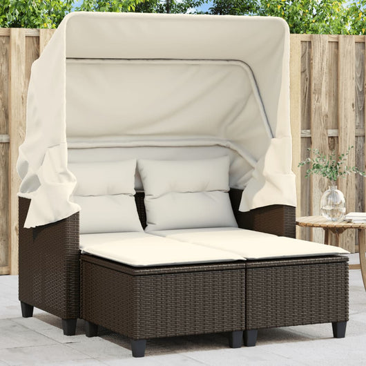 Divano Giardino 2 Posti-Sofa da Giardino-Divanetto da esterno Baldacchino Sgabelli Marrone Polyrattan