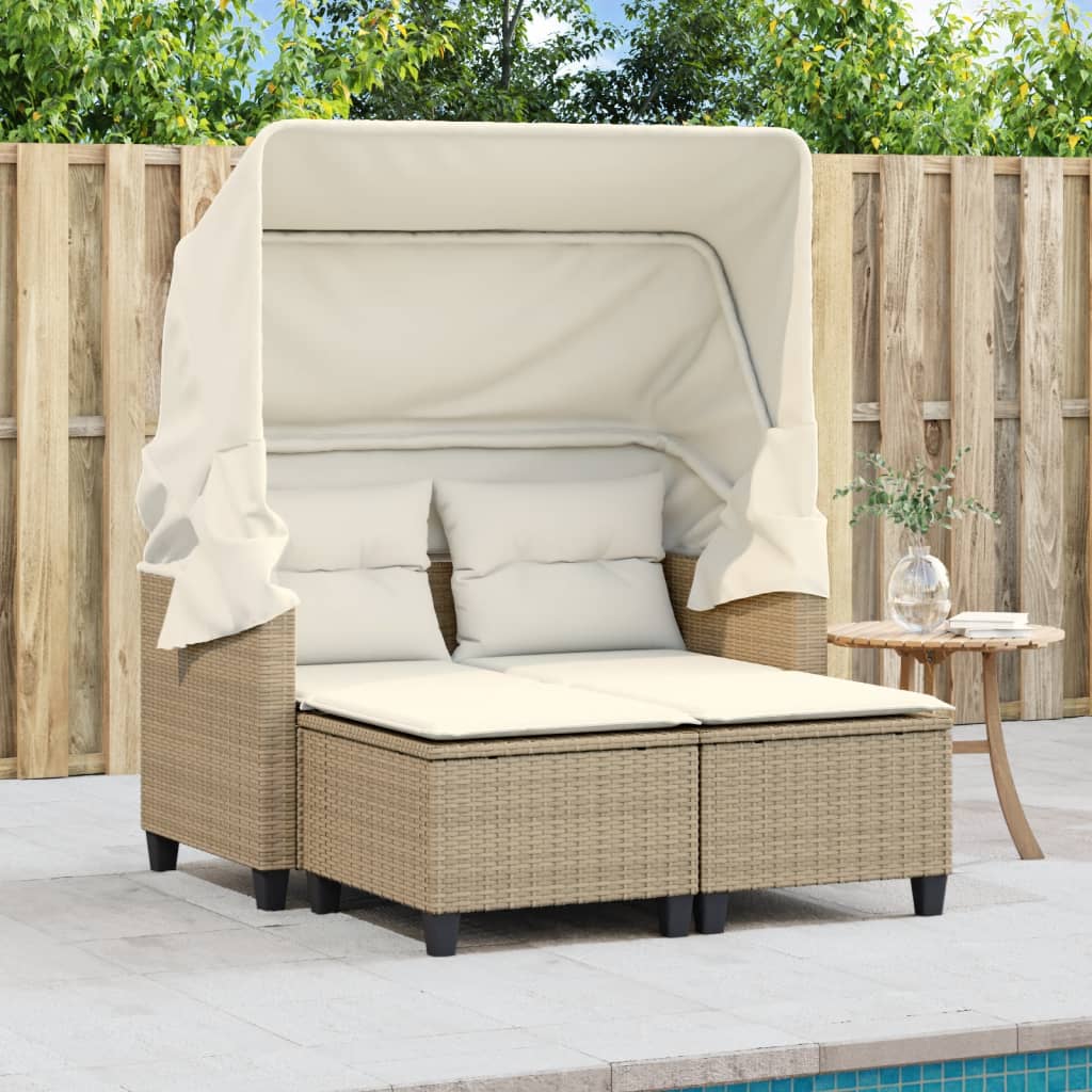 Divano Giardino 2 Posti-Sofa da Giardino-Divanetto da esterno Baldacchino e Sgabelli Beige Polyrattan 313969