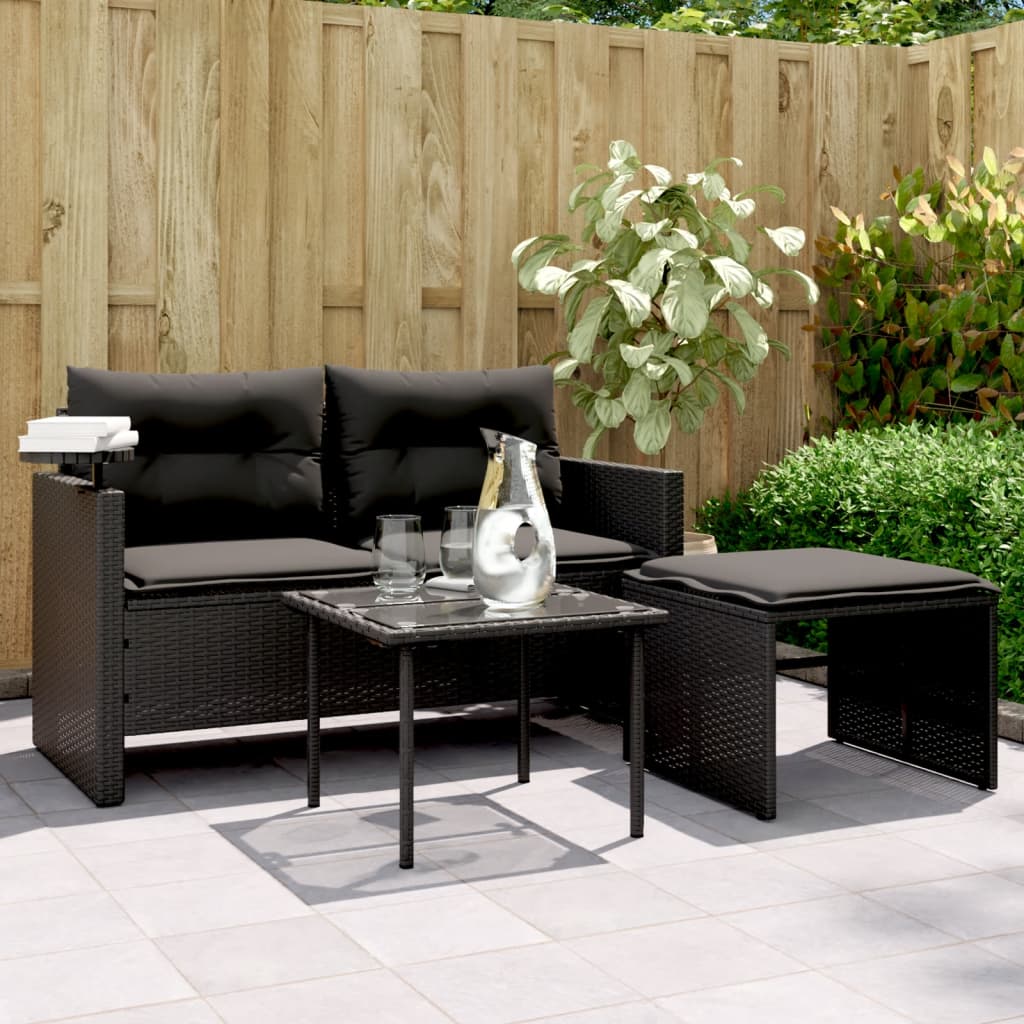 vidaXL Set Divani da Giardino 3 pz con Cuscini in Polyrattan Nero