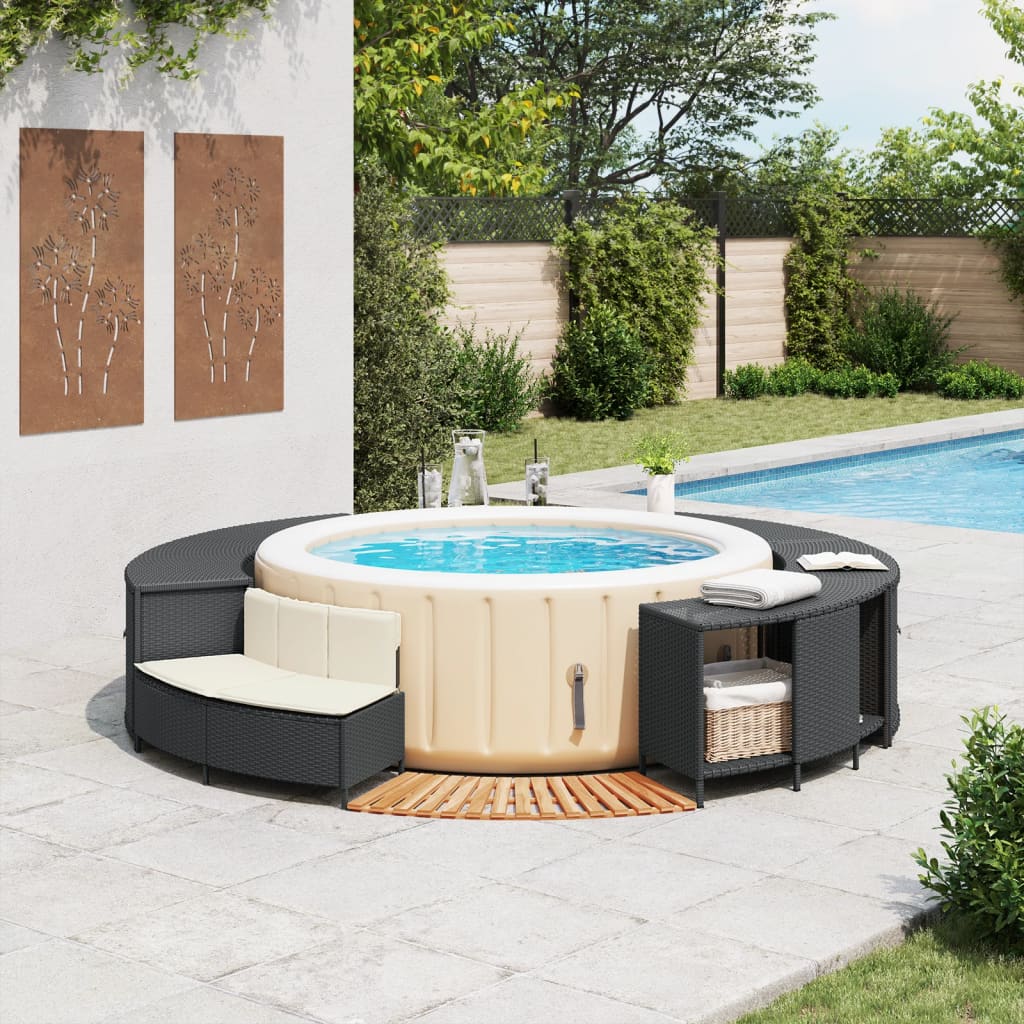Bordo per Spa Nero in Polyrattan e Legno Massello di Acacia 365612
