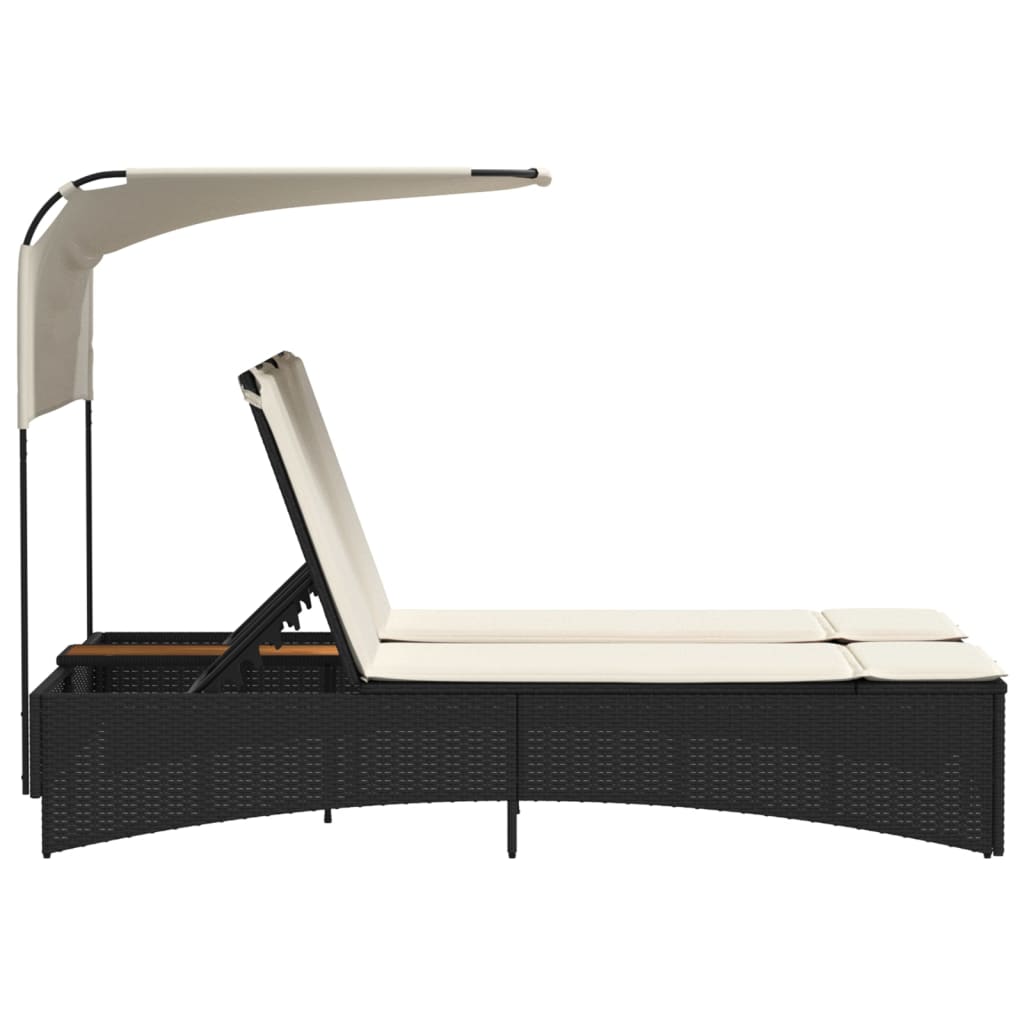 Lettino Prendisole Doppio Baldacchino e Cuscini Nero Polyrattan 365621