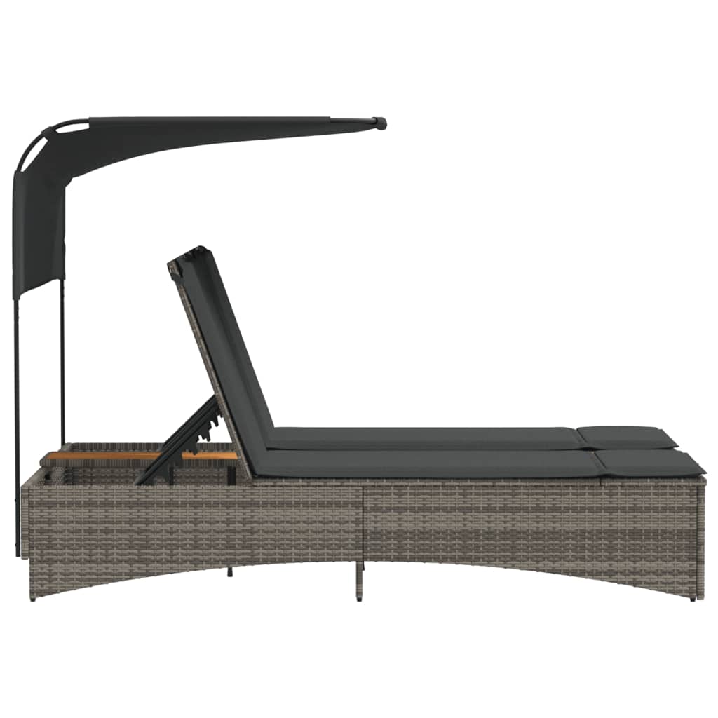 Lettino Doppio con Baldacchino e Cuscini Grigio in Polyrattan 365622