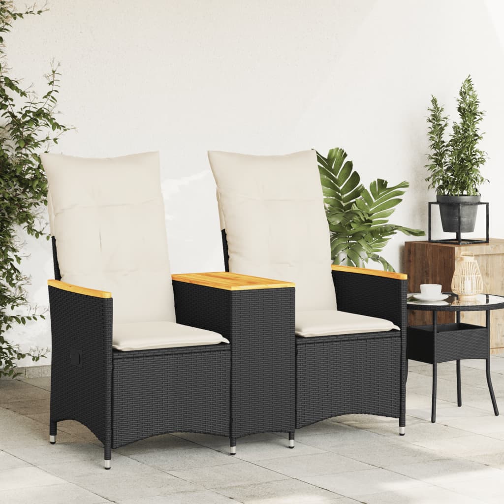 Divano Giardino Reclinabile 2Posti con Tavolino-Sofa da Giardino-Divanetto da esterno Nero Polyrattan 629976