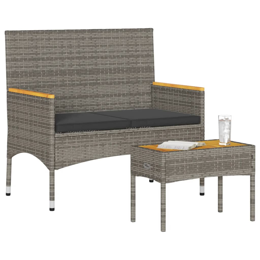 Panca da Giardino a 2 Posti Cuscini e Tavolo Grigia Polyrattan 365440