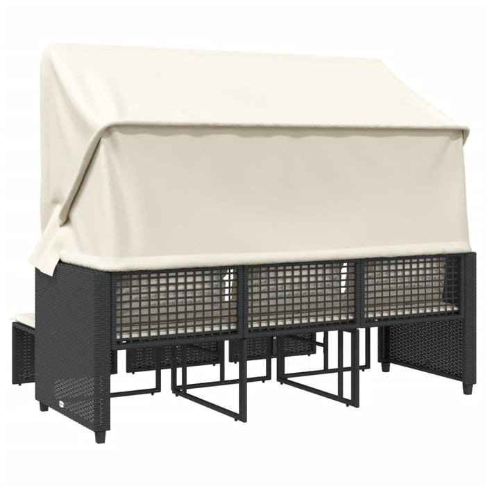 Divano Giardino 3 Posti Baldacchino e Sgabelli-Sofa da Giardino-Divanetto da esterno Nero Polyrattan