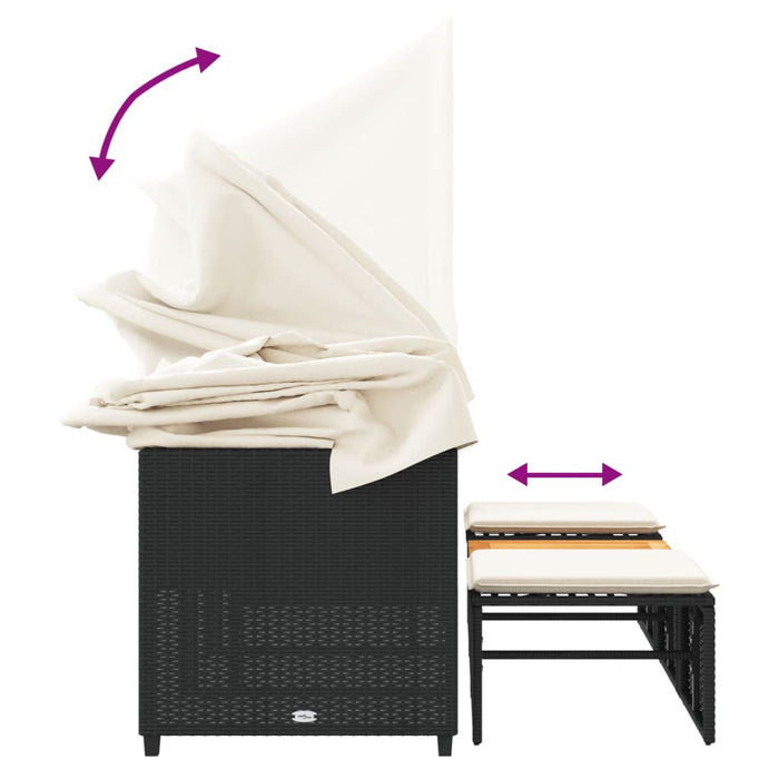 Divano Giardino 3 Posti Baldacchino e Sgabelli-Sofa da Giardino-Divanetto da esterno Nero Polyrattan