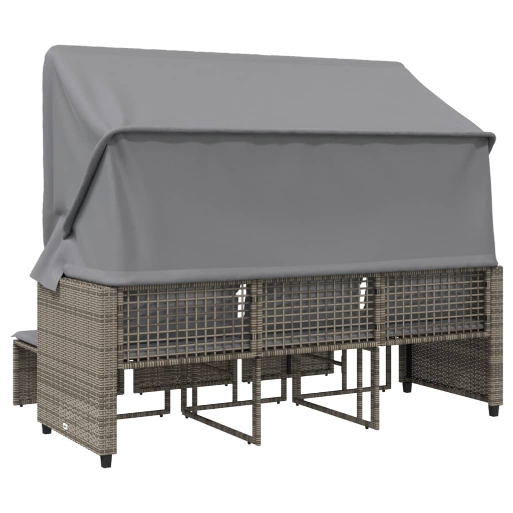 Divano Giardino 3 Posti con Tetto e Sgabelli-Sofa da Giardino-Divanetto da esterno Grigio Polyrattan