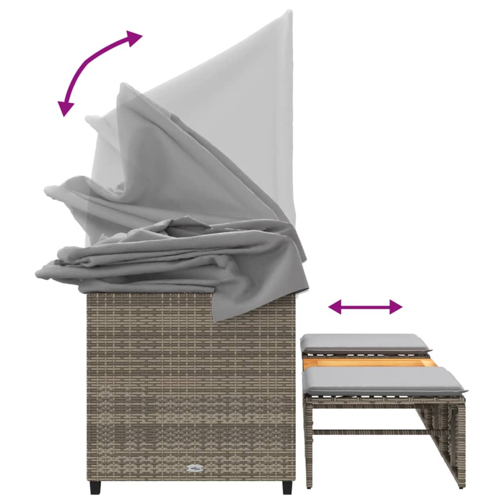 Divano Giardino 3 Posti con Tetto e Sgabelli-Sofa da Giardino-Divanetto da esterno Grigio Polyrattan