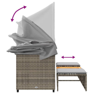 Divano Giardino 3 Posti con Tetto e Sgabelli-Sofa da Giardino-Divanetto da esterno Grigio Polyrattan