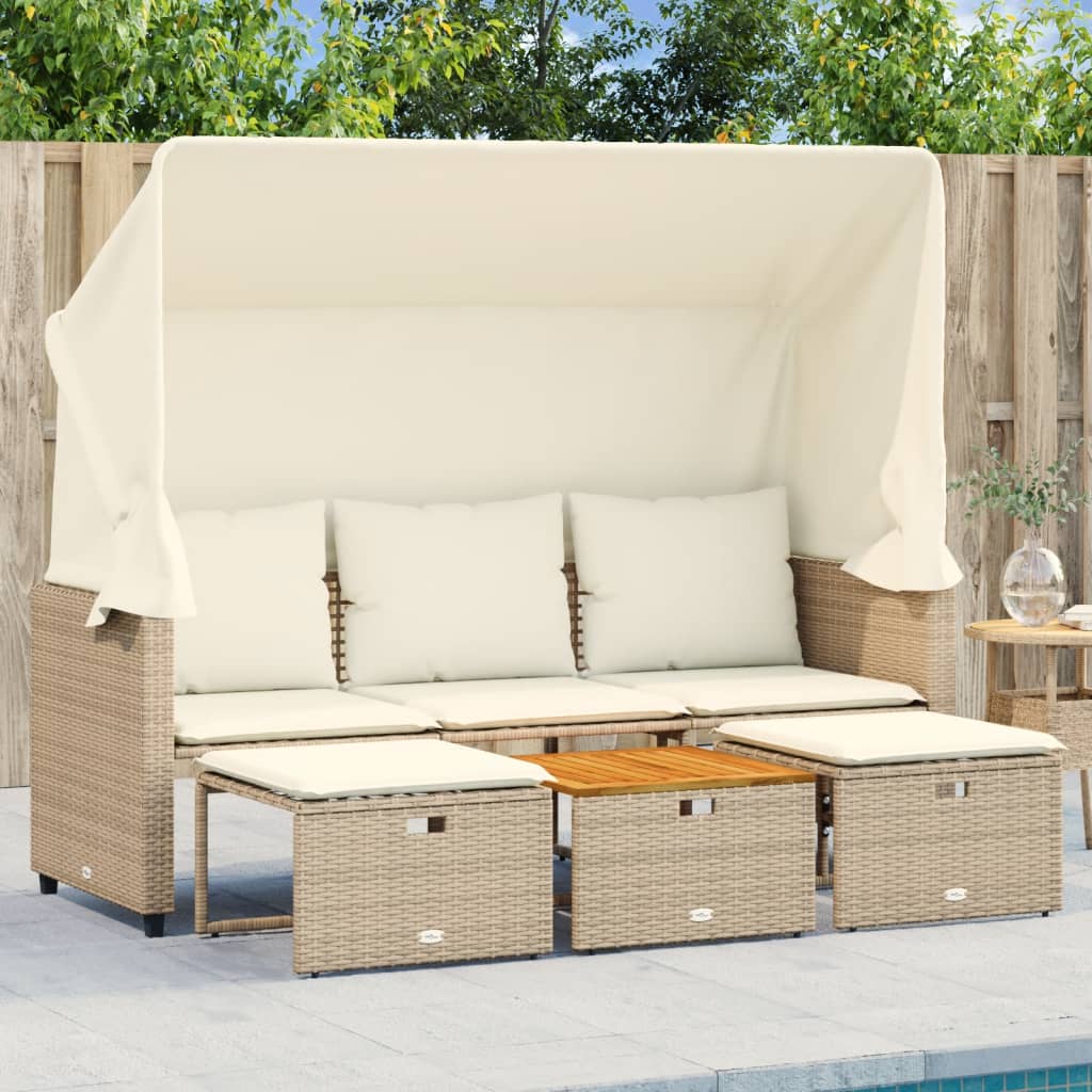 Divano Giardino 3 Posti-Sofa da Giardino-Divanetto da esterno Baldacchino e Sgabelli Beige Polyrattan