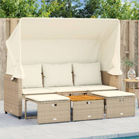 Divano Giardino 3 Posti-Sofa da Giardino-Divanetto da esterno Baldacchino e Sgabelli Beige Polyrattan