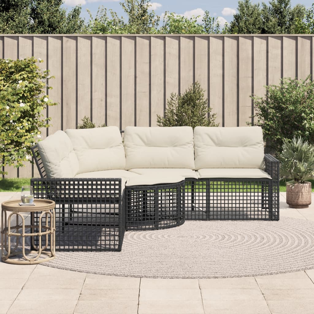 vidaXL Divano da Giardino a L con Cuscini e Pouf Nero in Polyrattan