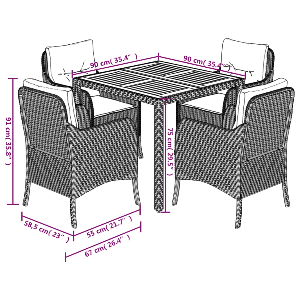 Set da Pranzo da Giardino 5 pz Nero con Cuscini in Polyrattan 3211867