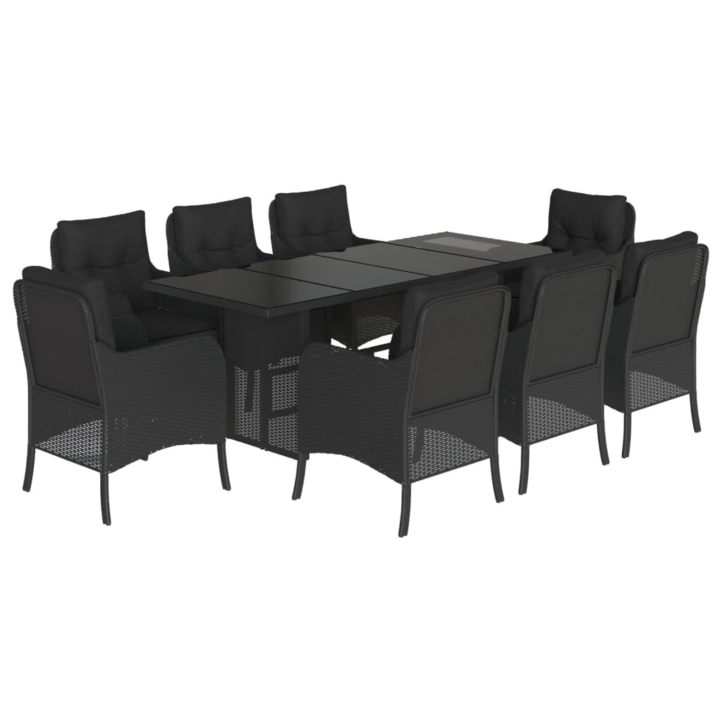 Set da Pranzo da Giardino 9 pz con Cuscini Nero in Polyrattan 3211881