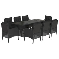 Set da Pranzo da Giardino 9 pz con Cuscini Nero in Polyrattan 3211881