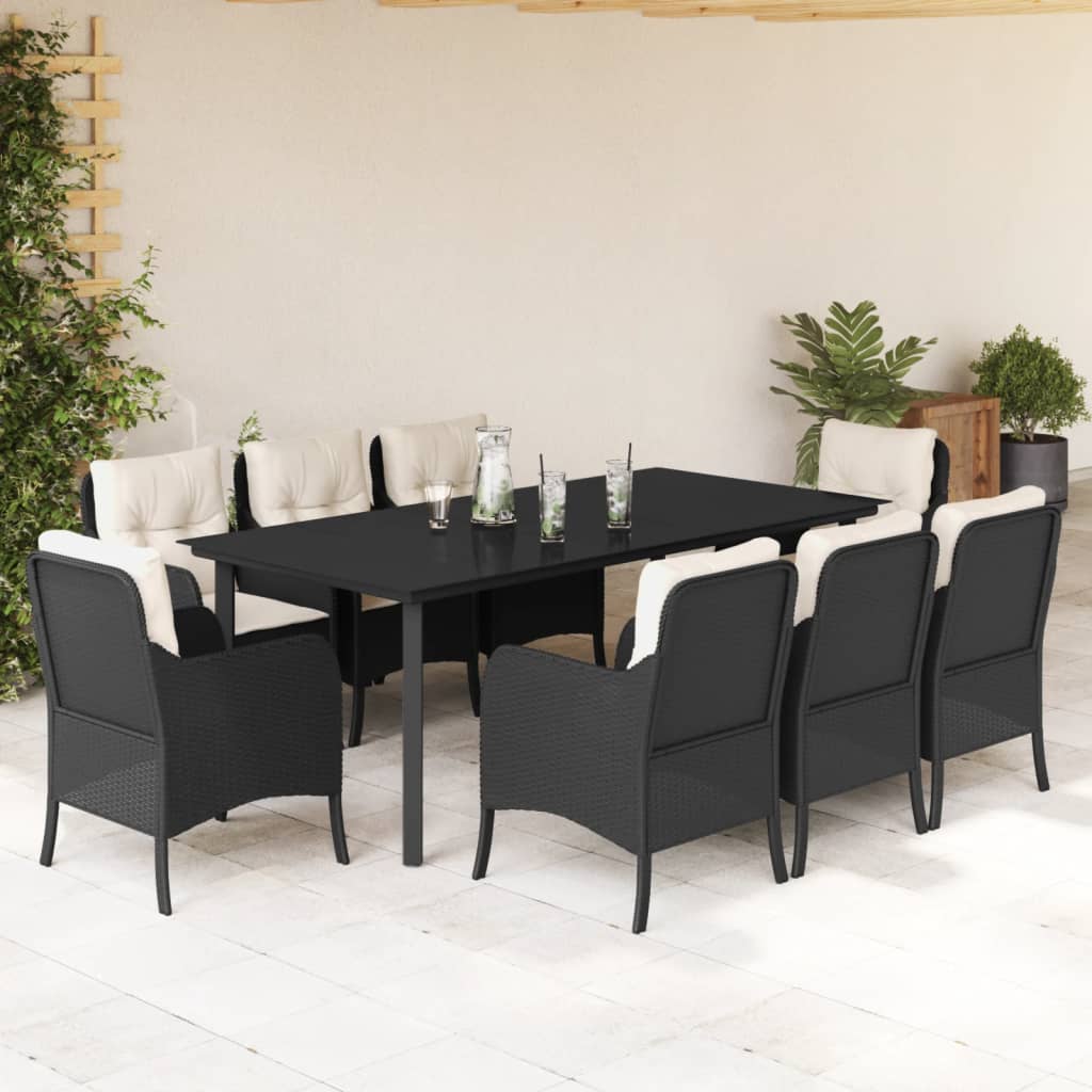 Set da Pranzo da Giardino 9 pz con Cuscini Nero in Polyrattan 3211919