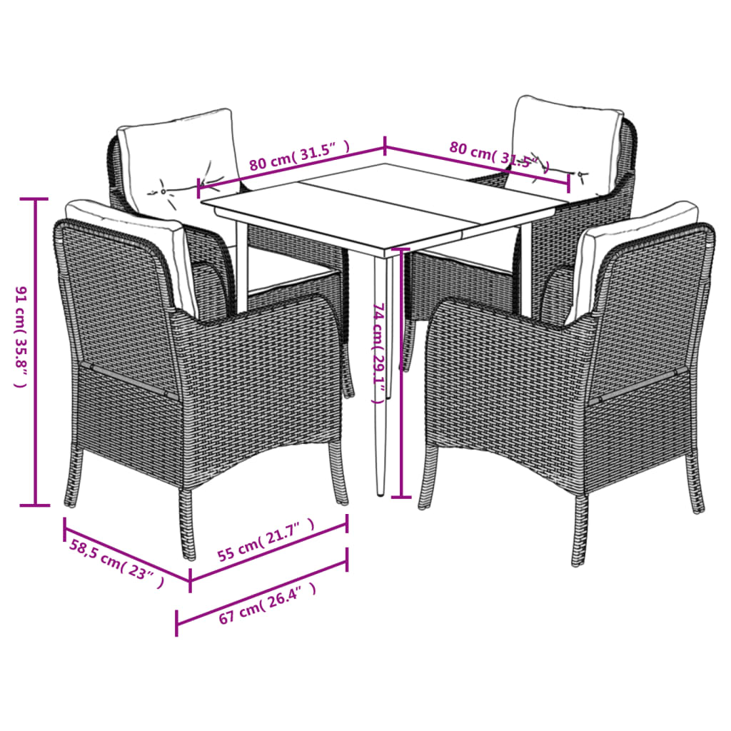 Set da Pranzo da Giardino 5 pz Nero con Cuscini in Polyrattan 3211921
