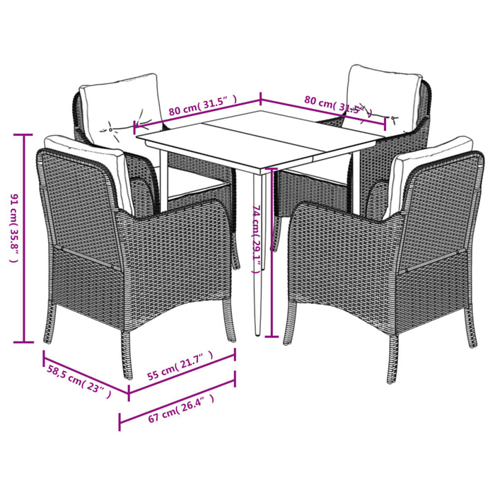 Set da Pranzo da Giardino 5 pz Nero con Cuscini in Polyrattan 3211921