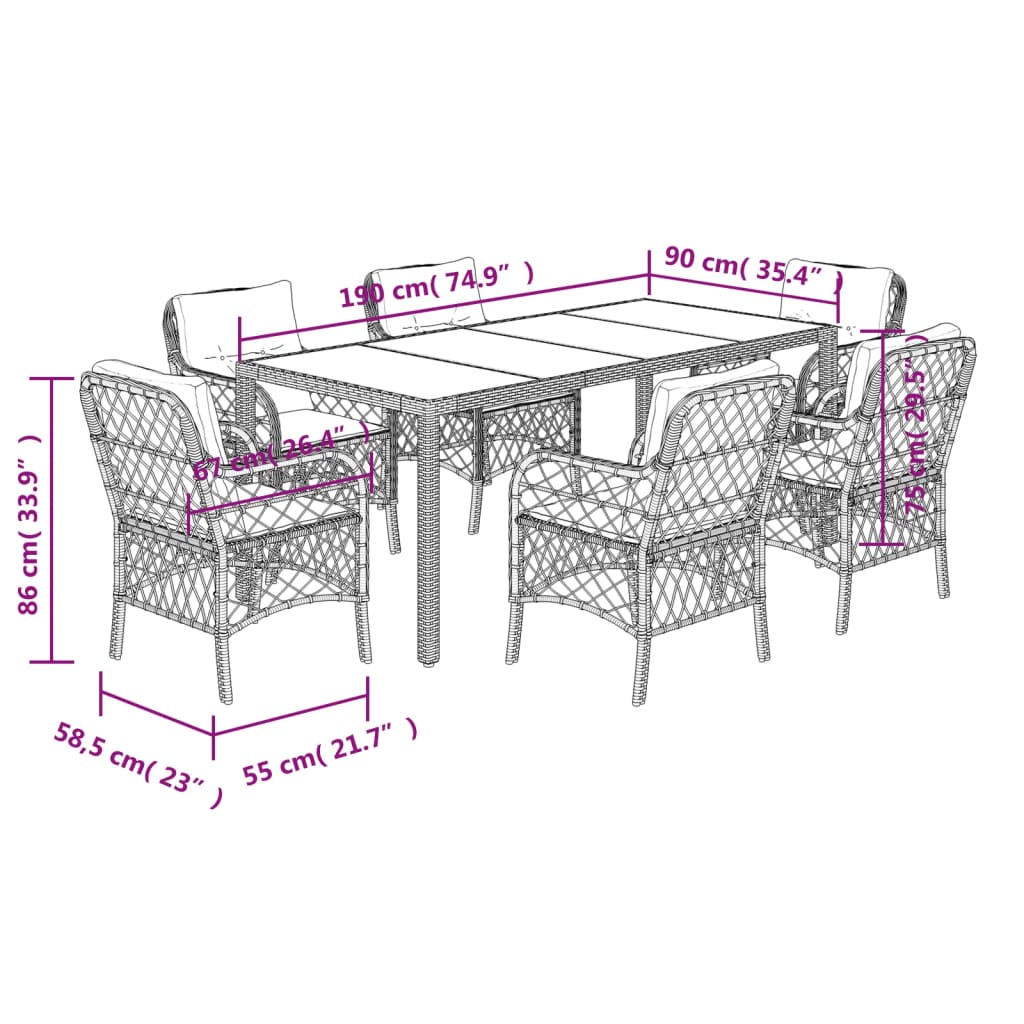 Set da Pranzo da Giardino 7 pz Nero con Cuscini in Polyrattan 3212022