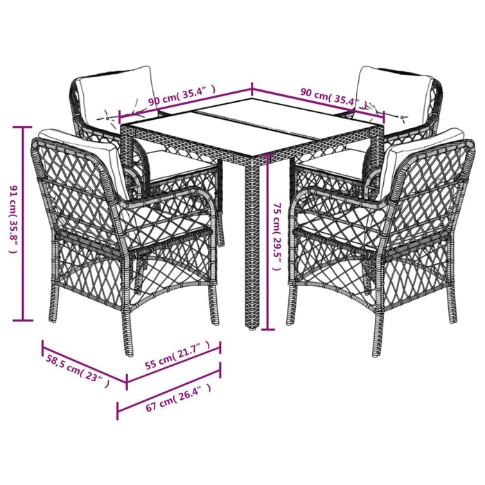 Set da Pranzo da Giardino 5 pz Nero con Cuscini in Polyrattan 3212025