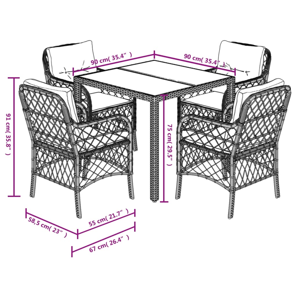 Set da Pranzo da Giardino 5 pz Nero con Cuscini in Polyrattan 3212025
