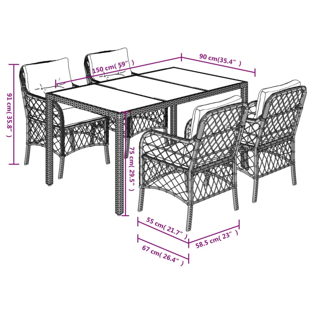 Set da Pranzo da Giardino 5 pz Nero con Cuscini in Polyrattan 3212026