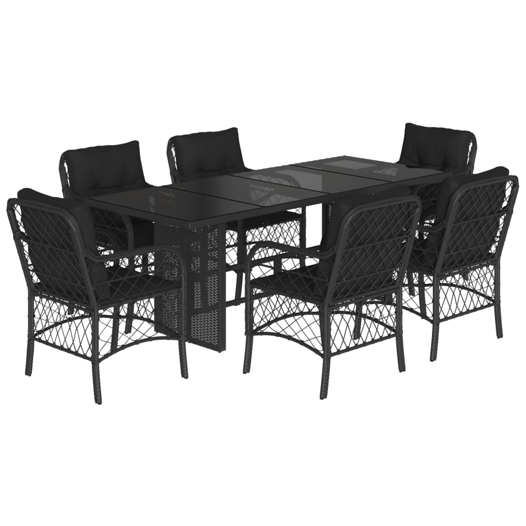 Set da Pranzo da Giardino 7 pz Nero con Cuscini in Polyrattan 3212056