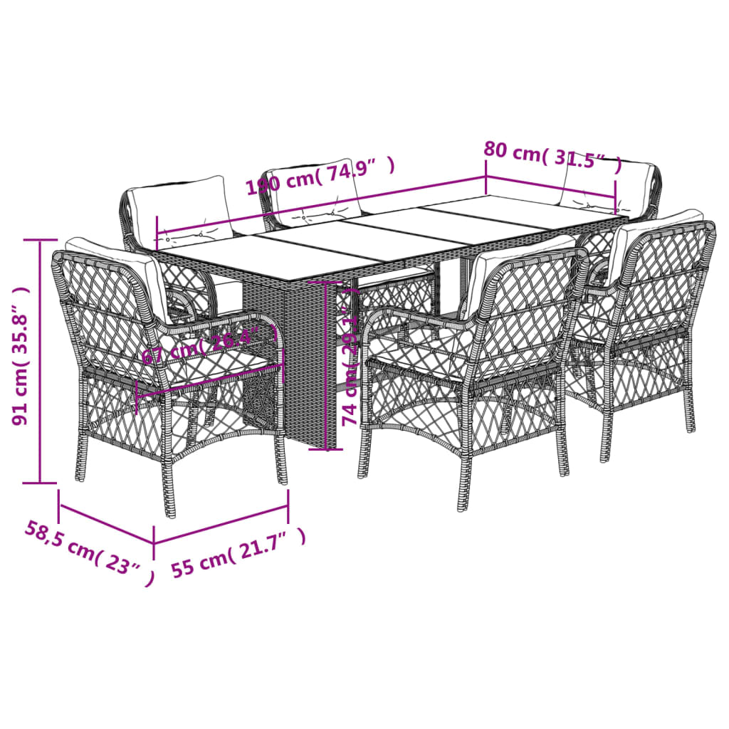 Set da Pranzo da Giardino 7 pz Nero con Cuscini in Polyrattan 3212056