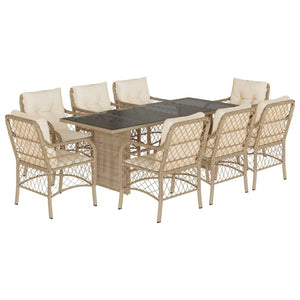 Set da Pranzo da Giardino 9 pz con Cuscini Beige in Polyrattan 3212063