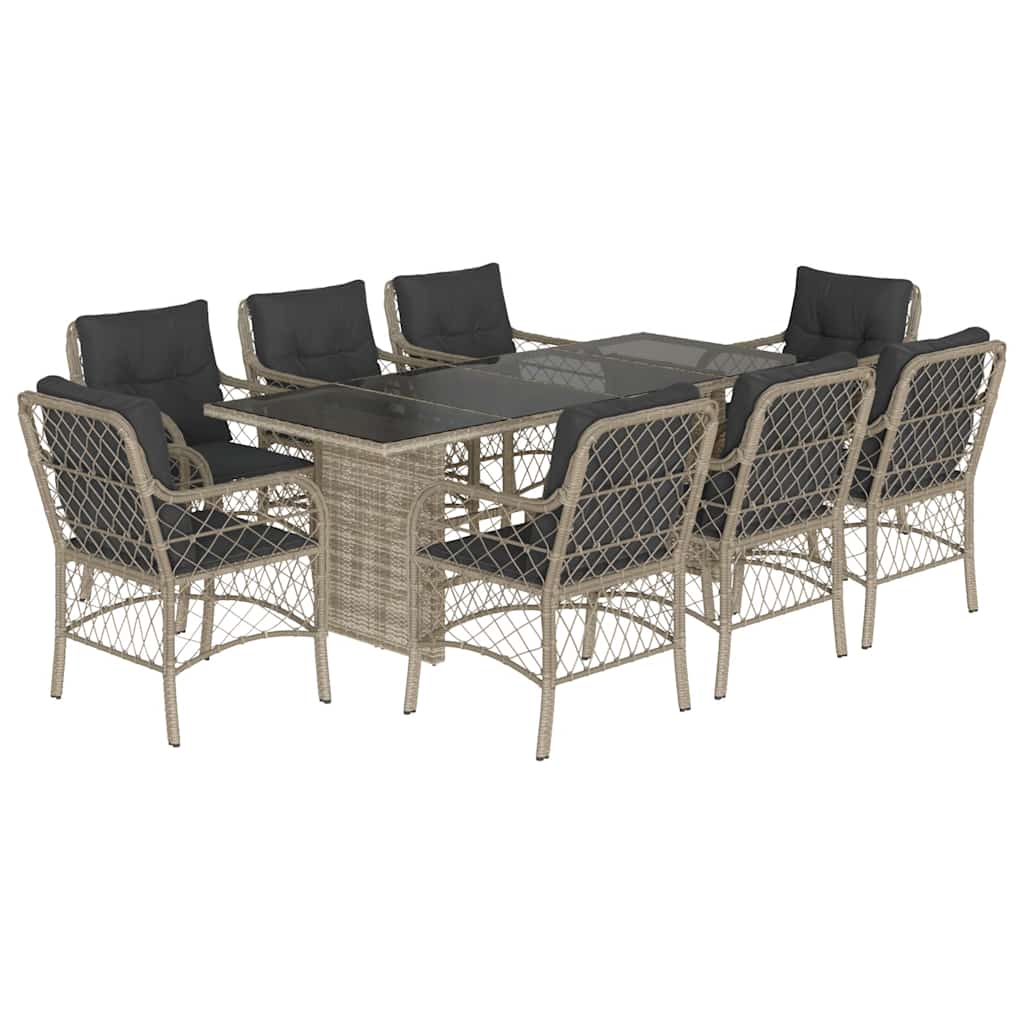 Set Pranzo da Giardino 9pz con Cuscini Grigio Chiaro Polyrattan