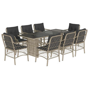 Set Pranzo da Giardino 9pz con Cuscini Grigio Chiaro Polyrattan