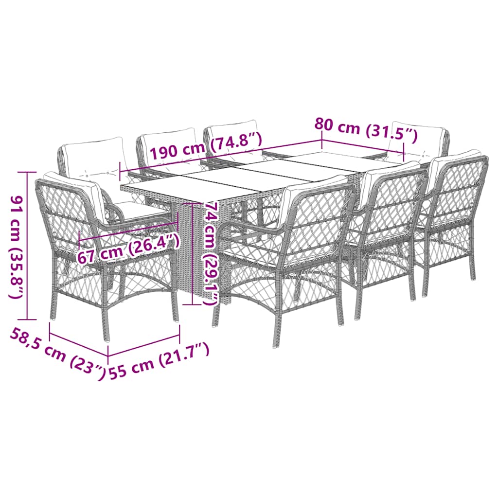 Set Pranzo da Giardino 9pz con Cuscini Grigio Chiaro Polyrattan 3212067