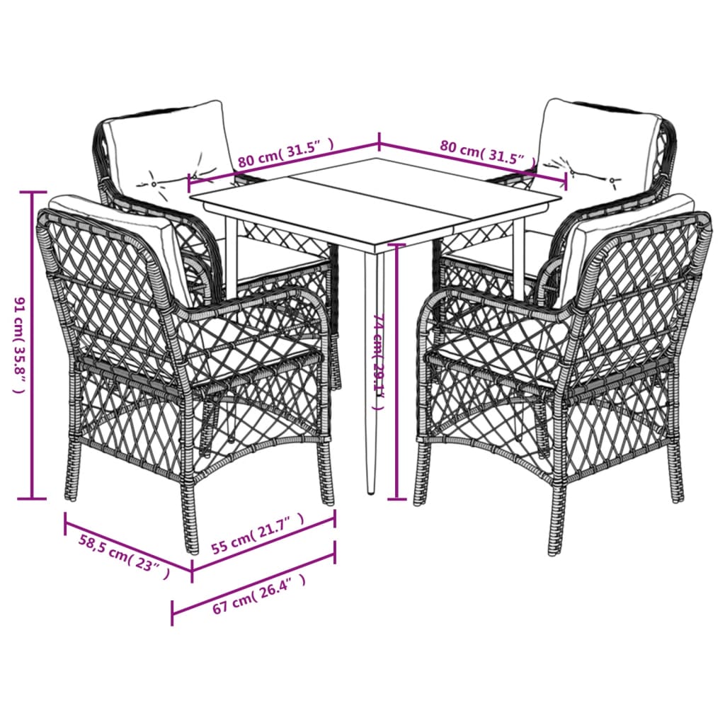 Set da Pranzo da Giardino 5 pz Nero con Cuscini in Polyrattan 3212083
