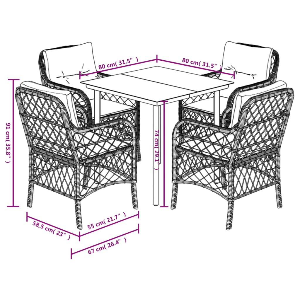 Set da Pranzo da Giardino 5 pz Nero con Cuscini in Polyrattan 3212090