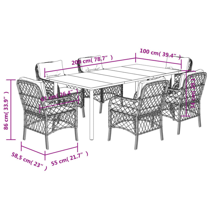 Set da Pranzo da Giardino 7 pz Nero con Cuscini in Polyrattan 3212108